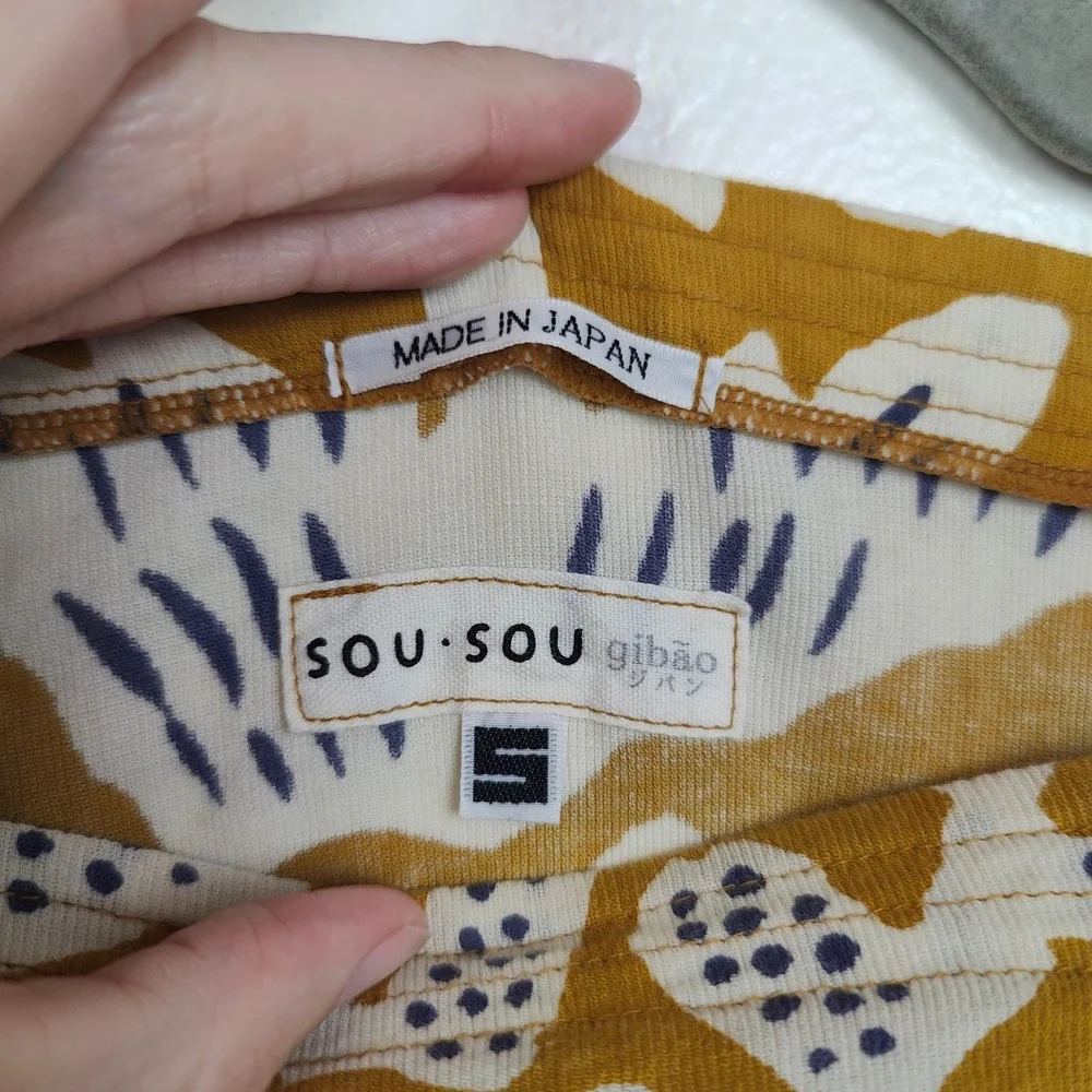 Sou Sou Womens Top Small‎ Mustard Yellow Floral Boat Neck 3/4 Sleeve Art to Wear